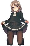  ass_visible_through_thighs belly_peek black_legwear black_serafuku black_skirt blue_eyes blush brown_hair embarrassed grey_hair hair_ornament highres kneeling lifted_by_self long_sleeves looking_at_viewer love_live! love_live!_sunshine!! nanotsuki neckerchief no_shoes pantyhose pleated_skirt school_uniform serafuku short_hair simple_background skirt skirt_lift solo tie_clip uranohoshi_school_uniform watanabe_you white_background 