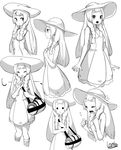  bag braid closed_eyes dress duffel_bag expressions finger_to_mouth from_side greyscale hat highres lamb-oic029 lillie_(pokemon) long_hair monochrome multiple_views open_mouth pokemon pokemon_(game) pokemon_sm simple_background sleeveless sleeveless_dress sun_hat twin_braids white_background 