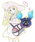  bag blonde_hair braid chestnut_mouth cosmog cowboy_shot dress duffel_bag gen_7_pokemon green_eyes hat heart ittunn lillie_(pokemon) long_hair looking_at_viewer open_mouth outline pokemon pokemon_(creature) pokemon_(game) pokemon_sm simple_background smile sun_hat twin_braids white_background white_dress white_hat 