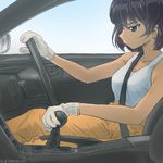  akagi_(fmttps) bad_id bad_pixiv_id black_hair car car_interior collarbone commentary_request dark_skin driving from_side frown gear_shift girls_und_panzer gloves green_eyes ground_vehicle hoshino_(girls_und_panzer) motor_vehicle pants profile rear-view_mirror right-hand_drive seatbelt shirt short_hair sitting sleeveless solo steering_wheel tank_top vehicle_interior white_gloves white_shirt yellow_pants 