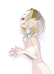  1girl amiami blonde_hair choker female hair_over_one_eye navel nude original out-of-frame_censoring small_breasts solo white_background 