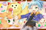  ;d blue_hair candy cropped_jacket duel_monster fluffal_leo fluffal_sheep food green_eyes highres lollipop one_eye_closed open_mouth outstretched_arms pouch ringo_(mk1104-toatales) shiun'in_sora smile tied_hair wings yuu-gi-ou yuu-gi-ou_arc-v 