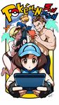  2girls ace_trainer_(pokemon) anger_vein angry beard bikini blue_eyes brown_eyes brown_hair chestnut_mouth copyright_name eyewear_on_head facial_hair fingerless_gloves gloves handheld_game_console highres lipstick makeup male_swimwear multiple_boys multiple_girls nintendo_3ds official_art open_mouth orange_hair outside_border palm_tree playing_games pokemon pokemon_(game) pokemon_sm red_lipstick signature smile standing standing_on_one_leg sunglasses sweat swim_trunks swimmer_(pokemon) swimsuit swimwear tokiya tree visor_cap 