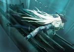  air_bubble black_legwear blue_hair bubble garrison_cap hat kantai_collection long_hair long_sleeves machinery solo submarine takeshima_satoshi u-511_(kantai_collection) underwater watercraft 