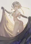  ass bell black_gloves blonde_hair blush breasts capelet christmas elbow_gloves fate/grand_order fate_(series) from_behind gloves hair_ribbon headpiece highres jeanne_d'arc_(fate)_(all) jeanne_d'arc_alter_santa_lily looking_at_viewer looking_back naked_capelet nanaya_(daaijianglin) ribbon short_hair sideboob signature small_breasts smile solo yellow_eyes 