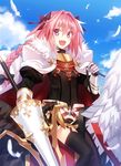  :d astolfo_(fate) bangs black_bow black_dress black_legwear black_ribbon blue_sky bow braid cape cloud commentary_request day dress eyebrows eyebrows_visible_through_hair fang fate/apocrypha fate_(series) feathers fur_cape fuyuki_(neigedhiver) garter_straps gauntlets hair_bow hair_ribbon highres horseback_riding lance long_hair looking_at_viewer male_focus open_mouth otoko_no_ko pink_eyes pink_hair polearm ribbon riding short_dress single_braid sky smile thighhighs weapon white_cape 