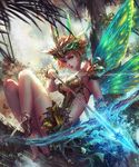  anklet antilous armlet arrow barefoot bow_(weapon) breasts cleavage fairy fairy_wings fantasy full_body green_eyes green_wings headpiece in_tree jewelry looking_at_viewer medium_breasts nature original outdoors red_hair short_hair sitting solo tree weapon wings 