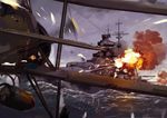  airplane battleship biplane bismarck firing military military_vehicle no_humans real_life ship smoke swordfish_(airplane) takeshima_satoshi torpedo turret war warship water watercraft world_war_ii 