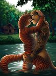  butt butt_grab cat cougar duo embrace feline fluffy fluffy_tail fur hand_on_butt jewelry lake male male/male mammal nature necklace nude outside piercing red_fur redfelix romantic_couple striped_fur stripes tattoo 