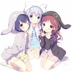  :d animal_hood blue_eyes chestnut_mouth chimame-tai fang gochuumon_wa_usagi_desu_ka? grin hair_ornament hood jouga_maya kafuu_chino leg_warmers long_hair loungewear multiple_girls natsu_megumi open_mouth pajamas pom_pom_(clothes) red_eyes red_hair shiratama_(shiratamaco) short_hair smile yellow_eyes 