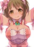  arms_up bad_id bad_twitter_id breasts brown_eyes brown_hair cleavage collar flower hair_flower hair_ornament heart heart-shaped_pupils idolmaster idolmaster_cinderella_girls large_breasts mimura_kanako renoa_yu smile solo symbol-shaped_pupils tongue tongue_out 