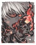  clenched_hand dark_skin dark_skinned_male fire gloves k' looking_at_viewer male_focus monochrome oro_(sumakaita) pyrokinesis solo sunglasses the_king_of_fighters the_king_of_fighters_xiv white_hair 