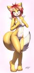  2016 4_toes 5_fingers :3 anthro bangs big_eyes black_nose blue_eyes blush breasts canine countershading covering covering_breasts digitigrade eyelashes fangs feathered_wings feathers featureless_crotch female fluffy fluffy_tail fox fur hair hand_on_breast hi_res inner_ear_fluff kemono long_hair looking_at_viewer mammal multicolored_fur navel nude open_mouth paws red_hair signature simple_background small_wings solo standing tailzkim toes tongue two_tone_fur white_fur wings yellow_fur 