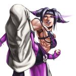  1girl abs bracelet breasts detached_sleeves drill_hair glowing glowing_eye halter_top halterneck han_juri jewelry muscular_female pants purple_lipstick solo spiked_bracelet spikes street_fighter street_fighter_iv twin_drills 