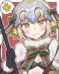 anger_vein bell black_bikini_top black_gloves blonde_hair blush capelet elbow_gloves fate/grand_order fate_(series) g.t gloves headpiece helmet holding jeanne_d'arc_(fate)_(all) jeanne_d'arc_alter_santa_lily looking_at_viewer short_hair solo spoken_anger_vein white_capelet yellow_eyes 