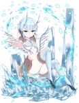  aqua_hair black_hair blue_eyes crystal expressionless fur_trim high_heels highres horns jewelry looking_at_viewer multicolored_hair necklace original outstretched_hand sitting solo templus thighhighs white_background wings 
