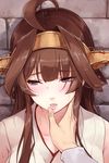  ahoge bangs bare_shoulders blush breasts brick_wall brown_hair cleavage detached_sleeves double_bun finger_to_mouth from_above hair_between_eyes hairband headgear highres japanese_clothes kantai_collection kongou_(kantai_collection) lips long_hair looking_to_the_side medium_breasts nontraditional_miko out_of_frame parted_lips pov pov_hands purple_eyes revision sleeveless solo_focus umakuchi_shouyu upper_body 