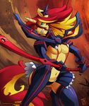  2016 anthro anthrofied blonde_hair breasts brown_background clothed clothing crossover english_text equestria_girls equine female fur green_eyes hair horn kill_la_kill long_hair mammal melee_weapon my_little_pony navel red_fur red_hair senketsu signature simple_background skimpy solo sunset_shimmer_(eg) sword text unicorn weapon yellow_fur zwitterkitsune 