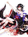  alternate_costume arm_support arrow arrow_in_body bad_id bad_pixiv_id bare_shoulders black_hair black_nails blood bow_(weapon) collarbone crossed_legs flower from_side highres horns impaled japanese_clothes kijin_seija kimono leg_ribbon long_sleeves looking_at_viewer looking_to_the_side multicolored_hair nail_polish obi off_shoulder parted_lips red_eyes red_hair red_ribbon ribbon sash sheya sitting smile solo spider_lily stabbed streaked_hair tattoo touhou weapon white_hair wide_sleeves 