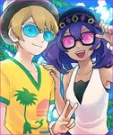  1girl :d alolan_exeggutor alolan_form bare_shoulders baseball_cap blonde_hair border cloud collarbone commentary_request dark_skin day dexio_(pokemon) exeggutor fedora halter_top halterneck hand_on_another's_shoulder hat ikra_(katacoly) looking_at_viewer mega_ring open_mouth palm_tree pink_border pokemon pokemon_(creature) pokemon_(game) pokemon_sm print_shirt purple_hair shirt sina_(pokemon) sky smile sunglasses t-shirt tree upper_body v v-neck 