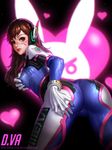  animal_print artist_name ass bangs bent_over black_background blurry blurry_background bodysuit bracer breast_hold breasts brown_eyes brown_hair bunny_print character_name clothes_writing cowboy_shot d.va_(overwatch) eyelashes facial_mark gloves grabbing hand_on_breast headphones heart legs_apart liang_xing lips long_hair looking_at_viewer looking_back medium_breasts overwatch parted_lips pilot_suit ribbed_bodysuit shoulder_pads skin_tight solo swept_bangs watermark web_address wedgie whisker_markings white_gloves 