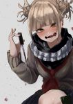  1girl bangs black_scarf black_skirt blonde_hair blood blood_drip bloody_weapon blunt_bangs blush boku_no_hero_academia breasts commentary_request double_bun dripping eyebrows_visible_through_hair fangs hair_bun highres holding holding_knife holding_weapon knife long_sleeves looking_at_viewer messy_hair neckerchief open_mouth pleated_skirt red_neckwear sailor_collar scarf school_uniform serafuku short_hair simple_background skirt small_breasts solo teeth toga_himiko weapon yellow_eyes zd_(pixiv6210083) 