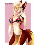  5_fingers anthro bikini blonde_hair blue_eyes brown_fur canine clothing eyelashes female fur green_eyes hair heterochromia inner_ear_fluff mammal midriff navel pink_background pink_nose pink_tongue simple_background solo sparky-corpsee swimsuit tan_fur teeth tongue wide_hips wolf 