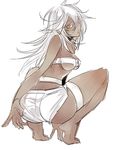  ass dark_skin from_behind full_body guilty_gear guilty_gear_xrd long_hair looking_at_viewer oro_(sumakaita) ramlethal_valentine shorts solo white_background white_hair yellow_eyes 