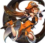  ass blush brown_hair full_body guilty_gear guilty_gear_xrd hat long_hair looking_at_viewer may_(guilty_gear) military military_uniform naval_uniform one_eye_closed open_mouth oro_(sumakaita) skull smile solo uniform very_long_hair weapon yellow_eyes 