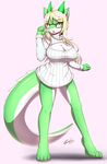 2016 4_toes 5_fingers anthro barefoot big_breasts blonde_hair bottomless breasts cheek_tuft cleavage clothed clothing digitigrade dragon eyewear female front_view glasses green_eyes green_scales hair hi_res horn inner_ear_fluff keyhole_turtleneck long_hair partially_clothed scales scalie signature simple_background solo standing sweater tailzkim toes tuft white_scales 