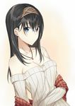  aemu_(august_life) black_hair blue_eyes breasts cleavage collarbone commentary eyebrows hair_between_eyes hairband idolmaster idolmaster_cinderella_girls jewelry long_hair looking_at_viewer medium_breasts necklace off-shoulder_sweater pendant ribbed_sweater sagisawa_fumika shawl solo sweater upper_body 