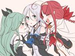  :d :o ahoge black_serafuku blue_neckwear blush braid closed_eyes commentary_request elbow_gloves gloves green_eyes green_hair hair_flaps itomugi-kun kantai_collection kawakaze_(kantai_collection) long_hair mole mole_under_eye multiple_girls neckerchief open_mouth ponytail red_hair remodel_(kantai_collection) sailor_collar school_uniform serafuku single_braid smile umikaze_(kantai_collection) v-shaped_eyebrows white_hair yamakaze_(kantai_collection) 