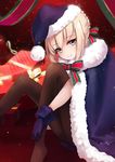  absurdres artoria_pendragon_(all) bangs black_legwear black_santa_costume blonde_hair blue_cape blue_gloves blue_hat braid cape eyebrows eyebrows_visible_through_hair fate/grand_order fate_(series) gift gloves green_ribbon hair_between_eyes hat highres ina_(inadiary) knees_up legs light_smile looking_at_viewer pantyhose red_background red_ribbon ribbon santa_alter santa_costume santa_hat short_hair sitting skinny solo thighs yellow_eyes 