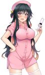  alternate_costume black_hair blush breasts buttons clenched_hand covered_nipples fang hair_ribbon hand_on_hip hat kantai_collection kusano_(torisukerabasu) large_breasts long_hair looking_at_viewer multicolored_hair naganami_(kantai_collection) nurse nurse_cap open_mouth pink_hair ribbon simple_background smile solo syringe thighhighs white_background white_legwear yellow_eyes 