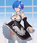  blue_eyes breasts cleavage detached_sleeves dress garter_straps gradient gradient_background hair_ornament hair_over_one_eye head_tilt lifted_by_self long_sleeves looking_at_viewer maid maid_headdress medium_breasts mtoto outstretched_arm parted_lips re:zero_kara_hajimeru_isekai_seikatsu rem_(re:zero) skirt skirt_lift smile solo thighhighs white_legwear x_hair_ornament 