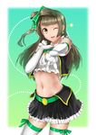  absurdres belt black_skirt brown_hair ccjn elbow_gloves gloves green_ribbon hair_ornament hair_ribbon highres lace lace-trimmed_thighhighs long_hair looking_at_viewer love_live! love_live!_school_idol_project midriff minami_kotori navel one_eye_closed open_mouth ribbon skirt solo thighhighs white_gloves yellow_eyes 