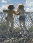  blurry brown_hair chain-link_fence climbing cloud commentary_request day depth_of_field facing_away fence from_behind from_below girls_und_panzer grass ground_vehicle hand_on_another's_back highres leopard_2 long_sleeves military military_vehicle motor_vehicle multiple_girls nishizumi_maho nishizumi_miho no_socks outdoors pants ribbed_legwear shoe_soles shoes short_hair shorts siblings sisters sky sneakers socks sunlight tank tank_top tree upshirt veerinly younger 