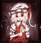  arm_garter arm_ribbon ascot bangs blonde_hair collared_shirt commentary_request cowboy_shot fangs flandre_scarlet frilled_shirt_collar frilled_sleeves frills hair_between_eyes hat highres holding holding_weapon laevatein looking_at_viewer mob_cap moose_(moosu193) open_mouth red_eyes red_skirt red_vest ribbon sash shirt short_hair short_sleeves skirt skirt_set slit_pupils solo teeth touhou vampire vest weapon white_shirt wings 