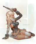  arm_support artstation_sample asymmetrical_sleeves bare_shoulders belt beltskirt bikini_tan black_gloves breasts dark_skin full_body gloves green_eyes gun handgun highres holding holding_gun holding_weapon image_sample long_hair looking_at_viewer medium_breasts navel original over-kneehighs revolver scarf sheriff_badge short_shorts shorts sideboob sitting solo tan tanline thigh_strap thighhighs tim_loechner weapon white_hair white_legwear white_scarf 