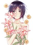  antenna_hair bad_id bad_pixiv_id black_eyes flower flower_request hachiware highres idolmaster idolmaster_(classic) kikuchi_makoto looking_at_viewer messy_hair simple_background smile solo topless white_background 