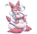  2016 anthro belly big_breasts blush bow bra brantonisme breasts clothed clothing digital_media_(artwork) eeveelution english_text female hi_res mammal nintendo overweight overweight_female pok&eacute;mon simple_background solo sylveon text thick_thighs underwear video_games wardrobe_malfunction 