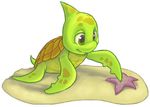  2005 ambiguous_gender brown_shell feral fin green_eyes green_skin invalid_tag male maraquan_shoyru marine neopets neostarz sand shell shoyru simple_background smile spots starfish white_background 