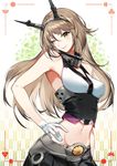 alternate_hair_length alternate_hairstyle arm_at_side armpits bare_shoulders black_skirt blush breasts cleavage contrapposto crop_top gloves green_eyes hand_on_hip head_tilt headgear kantai_collection kodama_(wa-ka-me) large_breasts light_brown_hair lips long_hair looking_at_viewer midriff mutsu_(kantai_collection) navel one_eye_closed pleated_skirt skirt smile solo standing upper_body white_gloves yagasuri 