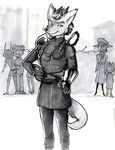  2016 anthro black_nose black_uniform canine clothed clothing confusion drawing fur greyscale grin infiltrator looking_at_viewer male mammal military monochrome mortheisen o_o shaded smile solo standing traditional_media_(artwork) white_fur wolf wunderknodel 