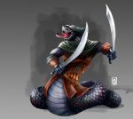  ambiguous_gender anthro armor bottomless clothed clothing dual_wielding dungeons_&amp;_dragons fangs forked_tongue grey_background holding_object holding_weapon hood jaegerpilotmax melee_weapon naga open_mouth red_sclera reptile scales scalie scimitar serpentine simple_background snake solo sword teeth tongue tongue_out vambraces vokun_(nahl-dinok) weapon yuan-ti yuan-ti_abomination 