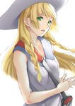  blonde_hair braid dress green_eyes hat lillie_(pokemon) long_hair open_mouth pokemon pokemon_(game) pokemon_sm sleeveless sleeveless_dress solo sugarbeat sun_hat twin_braids white_background 