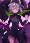  backlighting black_dress breasts cape closed_mouth commentary_request cowboy_shot darker_than_black dress expressionless full_moon kyuri_tizu long_sleeves looking_at_viewer moon red_eyes signature silver_hair small_breasts solo wind yin 