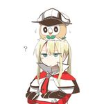  ? beak blonde_hair blue_eyes borrowed_garments creature_on_head crossed_arms crossover gen_7_pokemon graf_zeppelin_(kantai_collection) hat hat_removed headwear_removed kantai_collection leaf lowres no_nose on_head peaked_cap pokemon pokemon_(creature) pokemon_(game) pokemon_on_head pokemon_sm rebecca_(keinelove) rowlet sidelocks twintails 