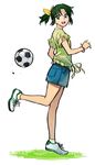  adidas b_suke ball bow denim denim_skirt freestyle_soccer frilled_shirt frills full_body grass green_eyes green_hair green_shirt hair_bow jpeg_artifacts kicking looking_back midorikawa_nao open_mouth precure shirt shoes short_ponytail simple_background skirt smile_precure! soccer_ball socks solo standing standing_on_one_leg training white_background wristband yellow_bow 