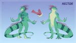  2016 animal_genitalia animal_penis anthro athletic claws crotch_shot digitigrade erection front_view genital_slit green_scales hector_(nawka) hemipenes iguana lizard male model_sheet multi_penis multicolored_scales multiple_angles nawka nude penis rear_view reptile scales scalie slit smile solo spines standing tan_scales two_tone_scales yellow_eyes 